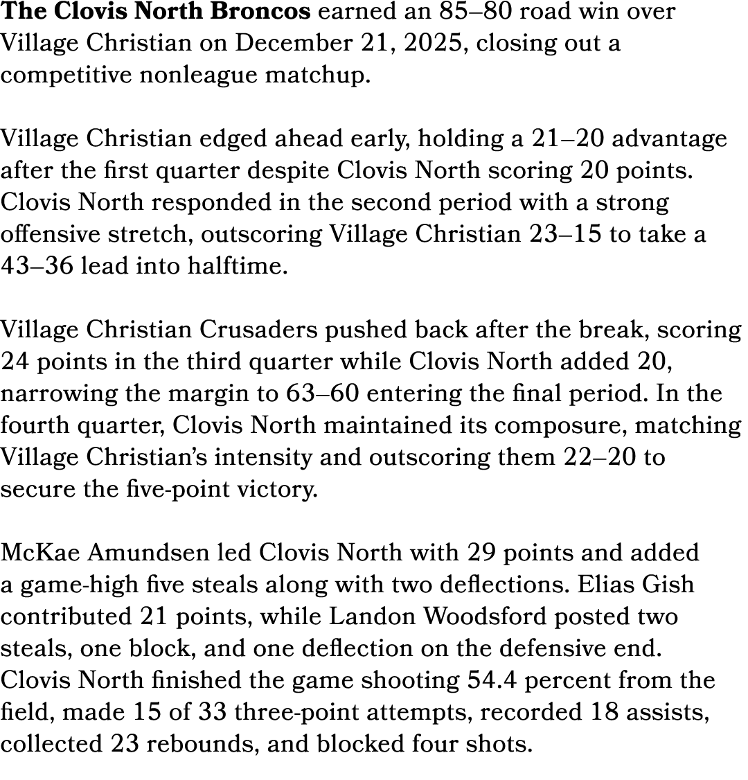 The Clovis North Broncos earned an 85–80 road win over Village Christian on December 21, 2025, closing out a competit...