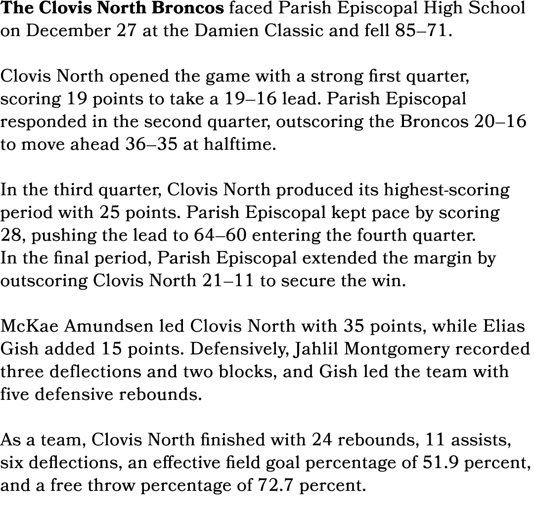 The Clovis North Broncos faced Parish Episcopal High School on December 27 at the Damien Classic and fell 85–71. Clov...