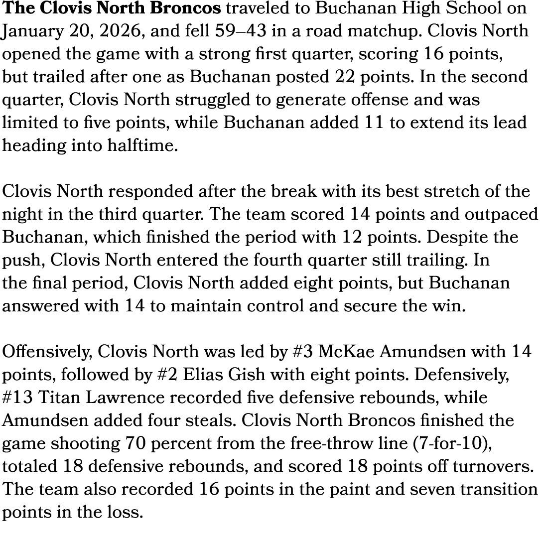 The Clovis North Broncos traveled to Buchanan High School on January 20, 2026, and fell 59–43 in a road matchup. Clov...