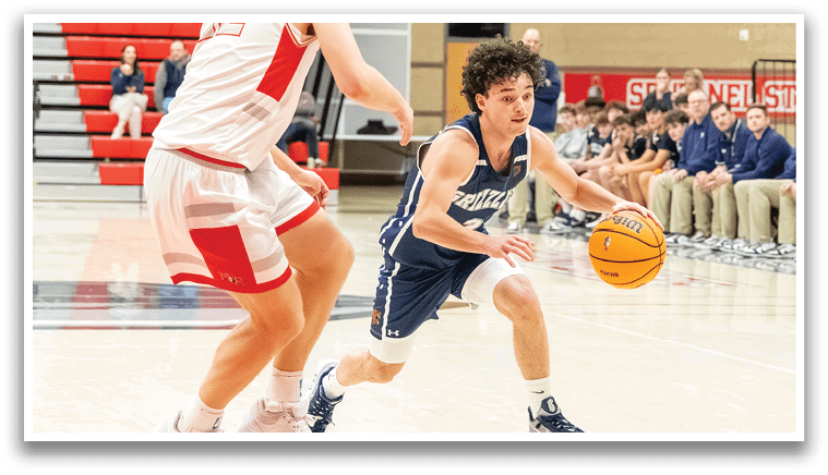 Two basketball players are on the court, one wearing a red jersey and the other wearing a blue jersey. The blue player is holding the ball and appears to be dribbling it. The red player is trying to block the blue player's shot. AI generated content