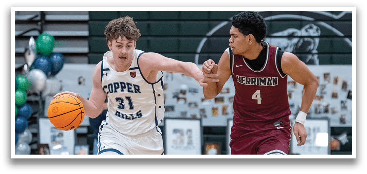 Two basketball players from different teams are running for the ball. AI generated content