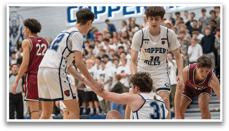 A group of young men are playing basketball, with one player falling to the ground. The other players are surrounding him, some of them helping him up. The scene takes place in a gymnasium, with a crowd of spectators watching the game. AI generated content