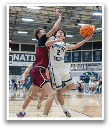 Two basketball players from different teams are fighting for the ball. AI generated content