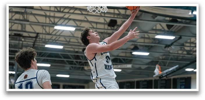 A basketball player leaps in the air to catch the ball. AI generated content