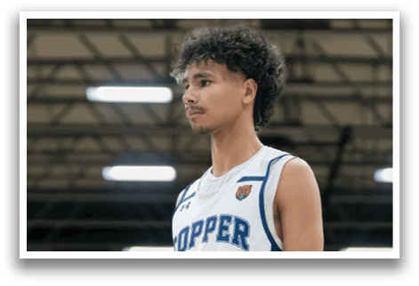 A basketball player wearing a white and blue uniform stands on the court. AI generated content