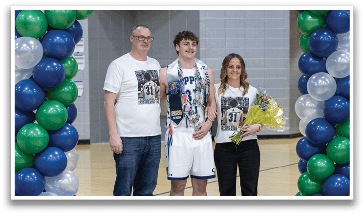 Three people are standing in front of a banner, holding flowers. AI generated content