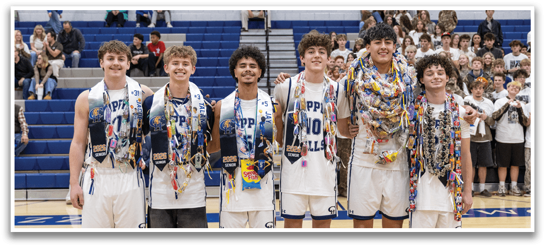 Five male athletes wearing white jerseys and holding trophies pose for a photo. AI generated content