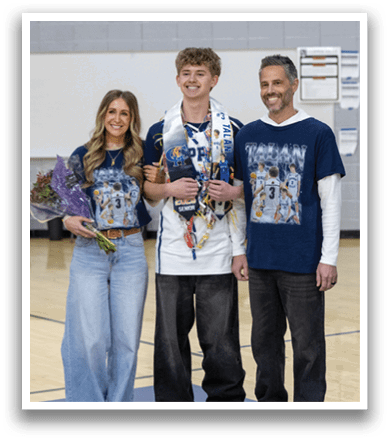 A man, woman, and boy stand on a basketball court, posing for a picture. The boy is wearing a basketball jersey. AI generated content