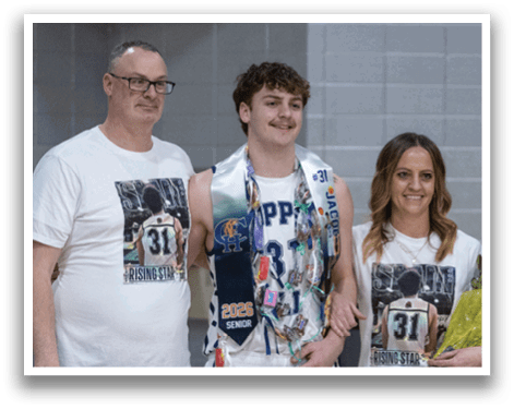 A man wearing a basketball jersey is being held by a woman and two other people. AI generated content