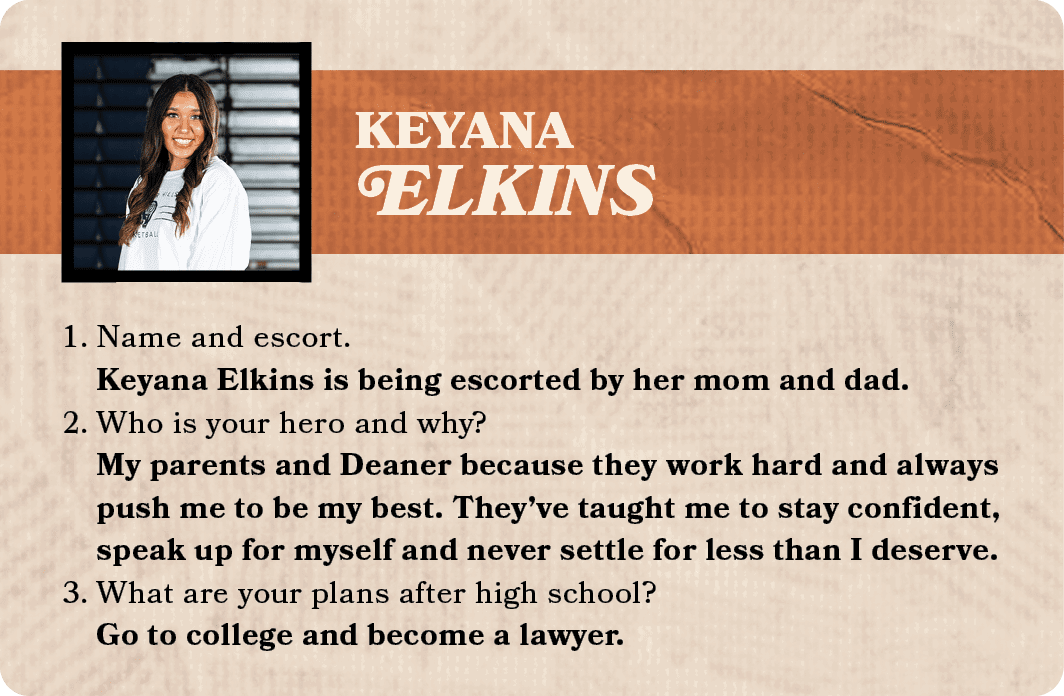KeyanA Elkins,1. Name and escort. Keyana Elkins is being escorted by her mom and dad. 2. Who is your hero and why? My...