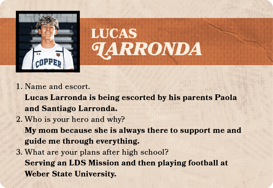 LUCAS LARRONDA,1. Name and escort. Lucas Larronda is being escorted by his parents Paola and Santiago Larronda. 2. Wh...