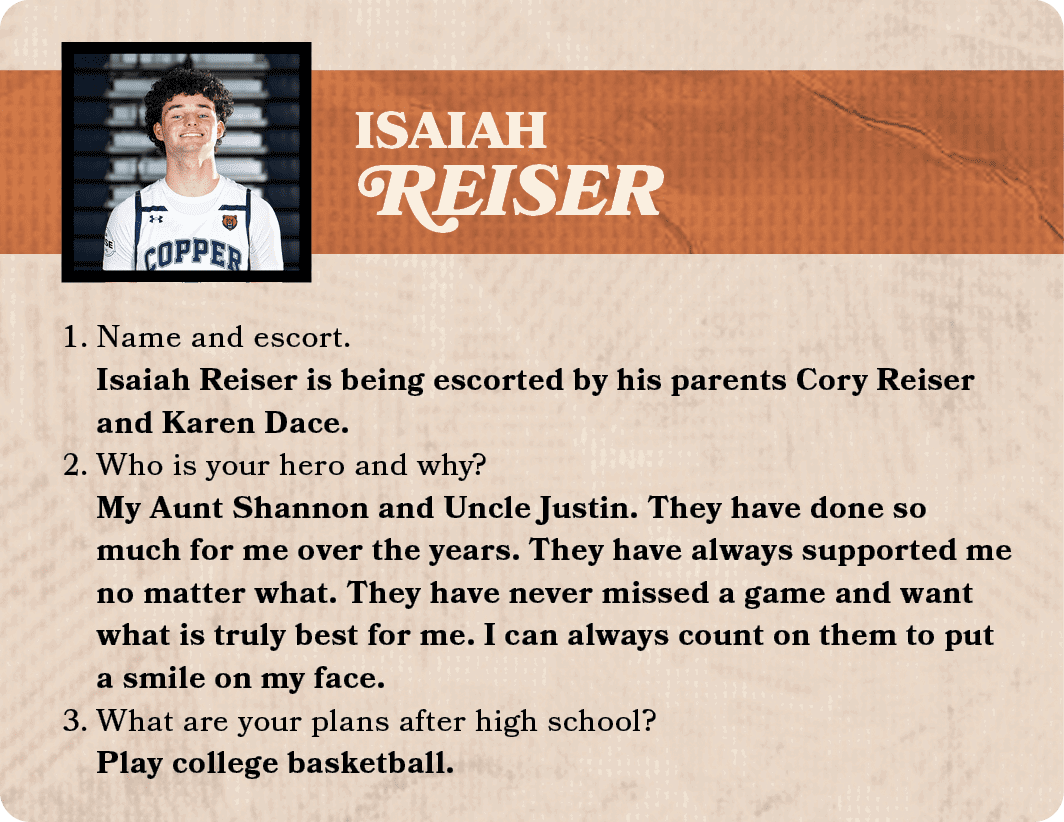 ISAIAH REISER,1. Name and escort. Isaiah Reiser is being escorted by his parents Cory Reiser and Karen Dace. 2. Who i...