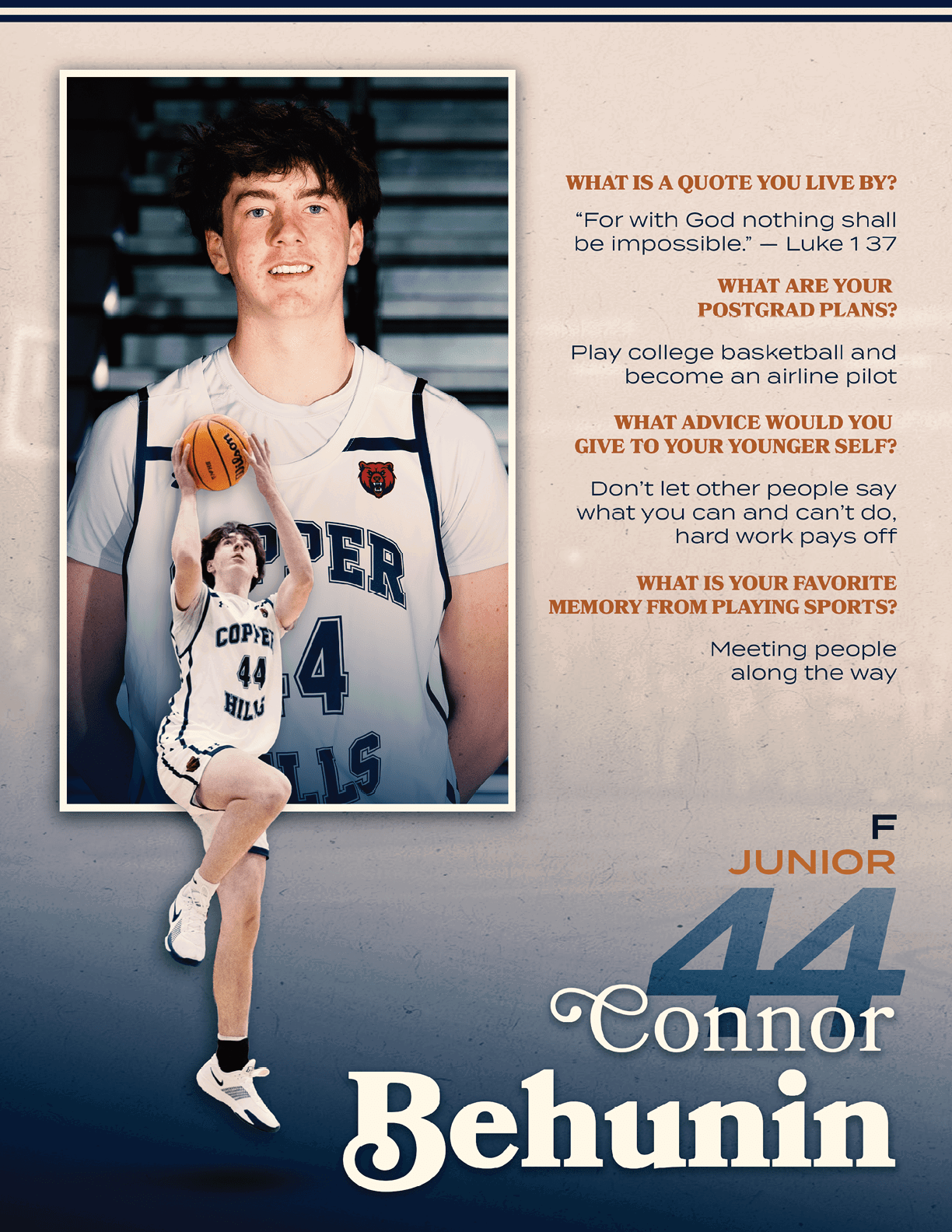 A basketball player named Connor Behunin is shown holding a basketball. AI generated content