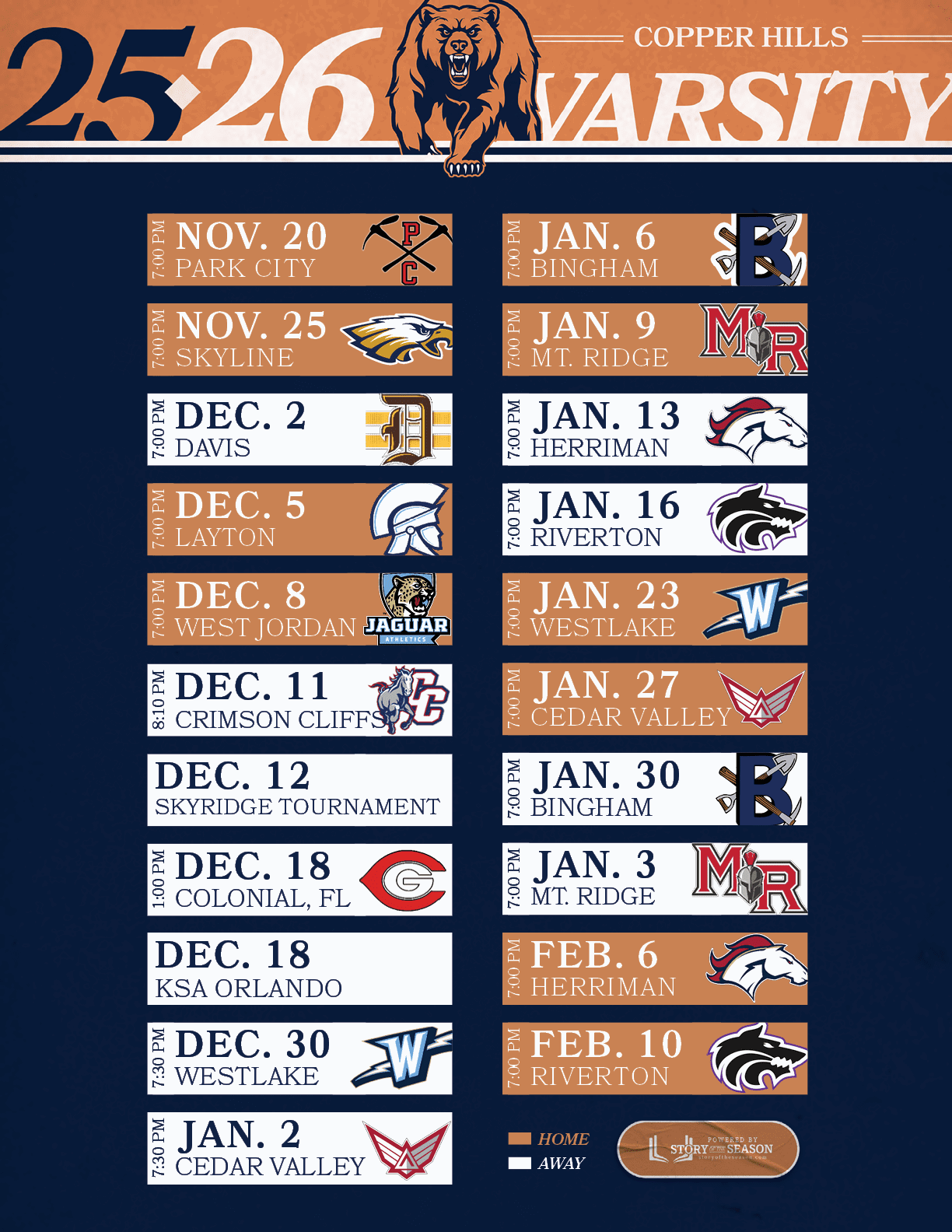 Colonial, FL,DEC. 18,1:00 PM,Crimson Cliffs ,DEC. 11,8:10 PM,SKYRIDGE TOURNAMENT,DEC. 12,West Jordan,DEC. 8,7:00 PM,B...
