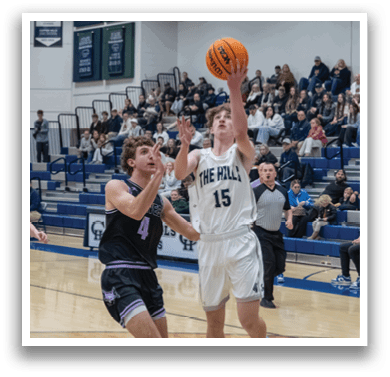 A basketball player is leaping in the air to grab the ball while another player tries to block him. AI generated content