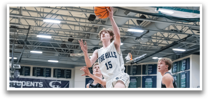 A basketball player leaps in the air to grab the ball, while two other players watch. AI generated content