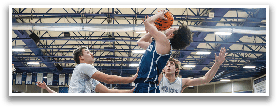 Basketball players on a court, one player is jumping to shoot the ball. AI generated content
