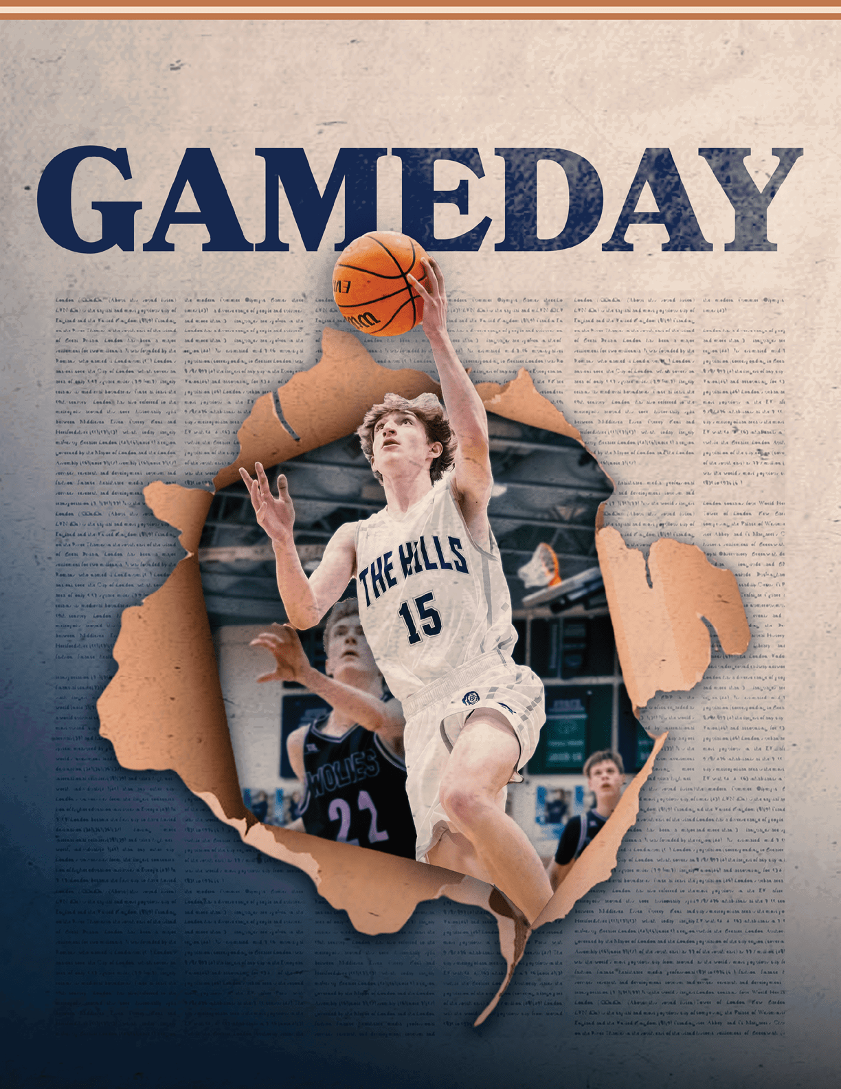A basketball player is shown in the air, holding the ball. AI generated content
