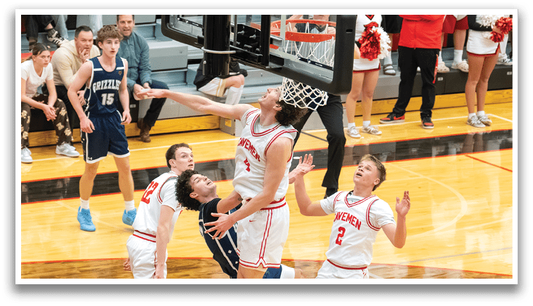A basketball player is jumping to hit the ball while other players look on. AI generated content