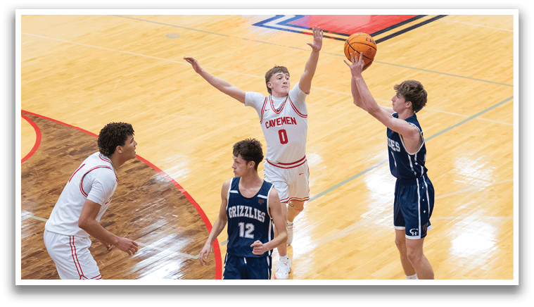 Three men playing basketball on a court. One player is reaching for the ball. AI generated content