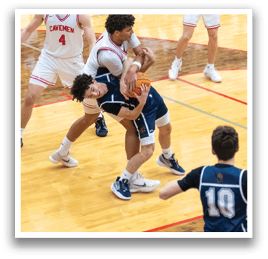 A group of men playing basketball, one man is holding the ball and being held by another player. AI generated content
