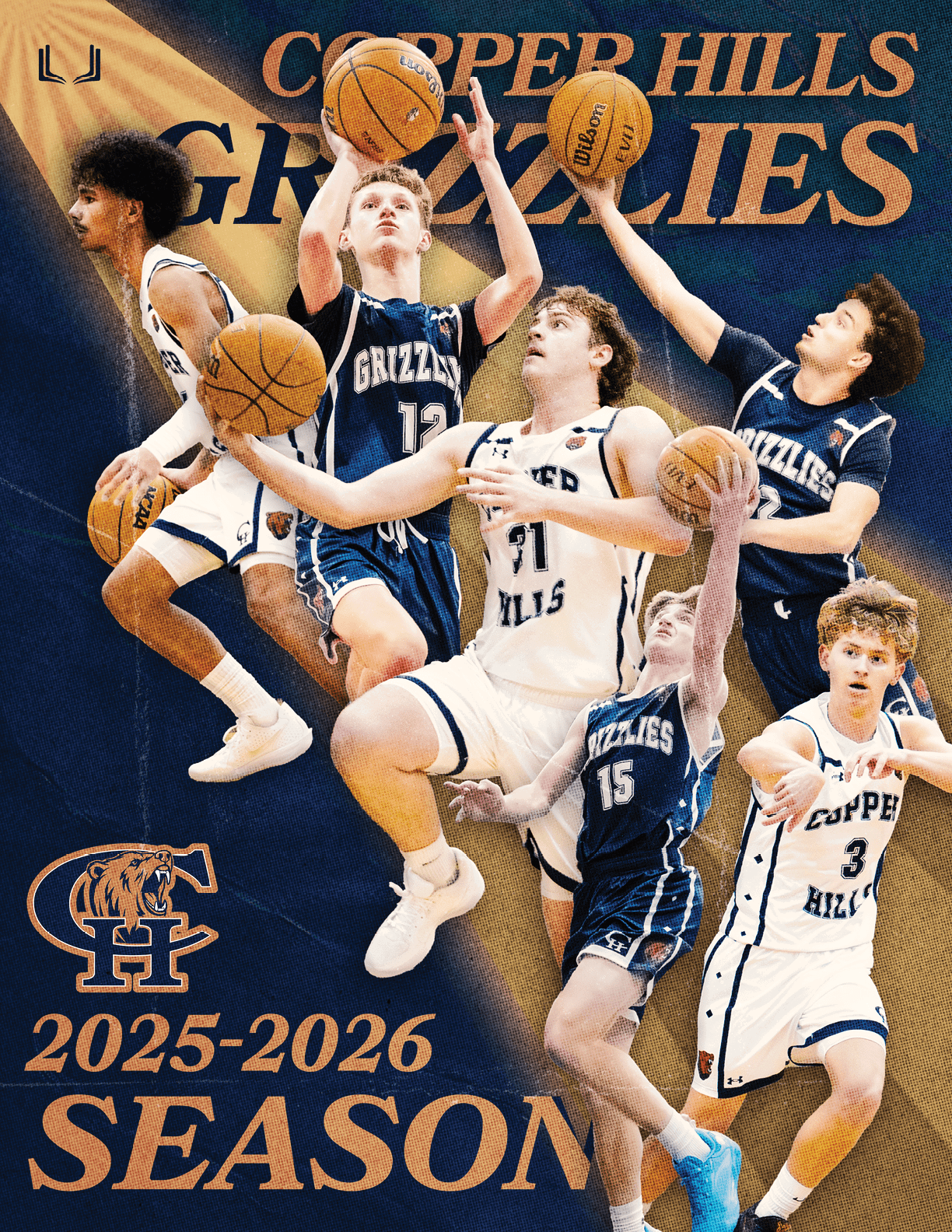 A group of basketball players from the Copper Hills Grizzlies team are shown in a poster. AI generated content