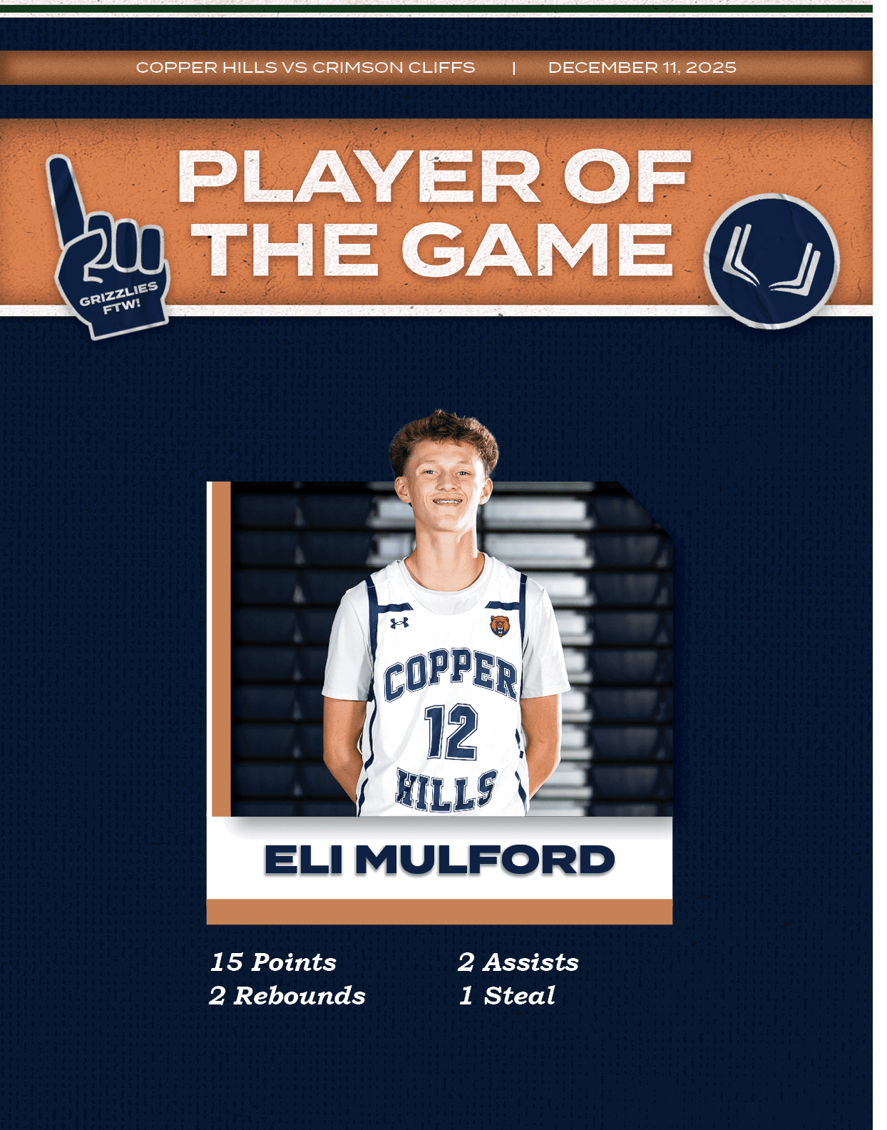 2 Assists 1 Steal,15 Points 2 Rebounds ,Eli Mulford,COPPER HILLS VS CRIMSON CLIFFS | DECEMBER 11, 202