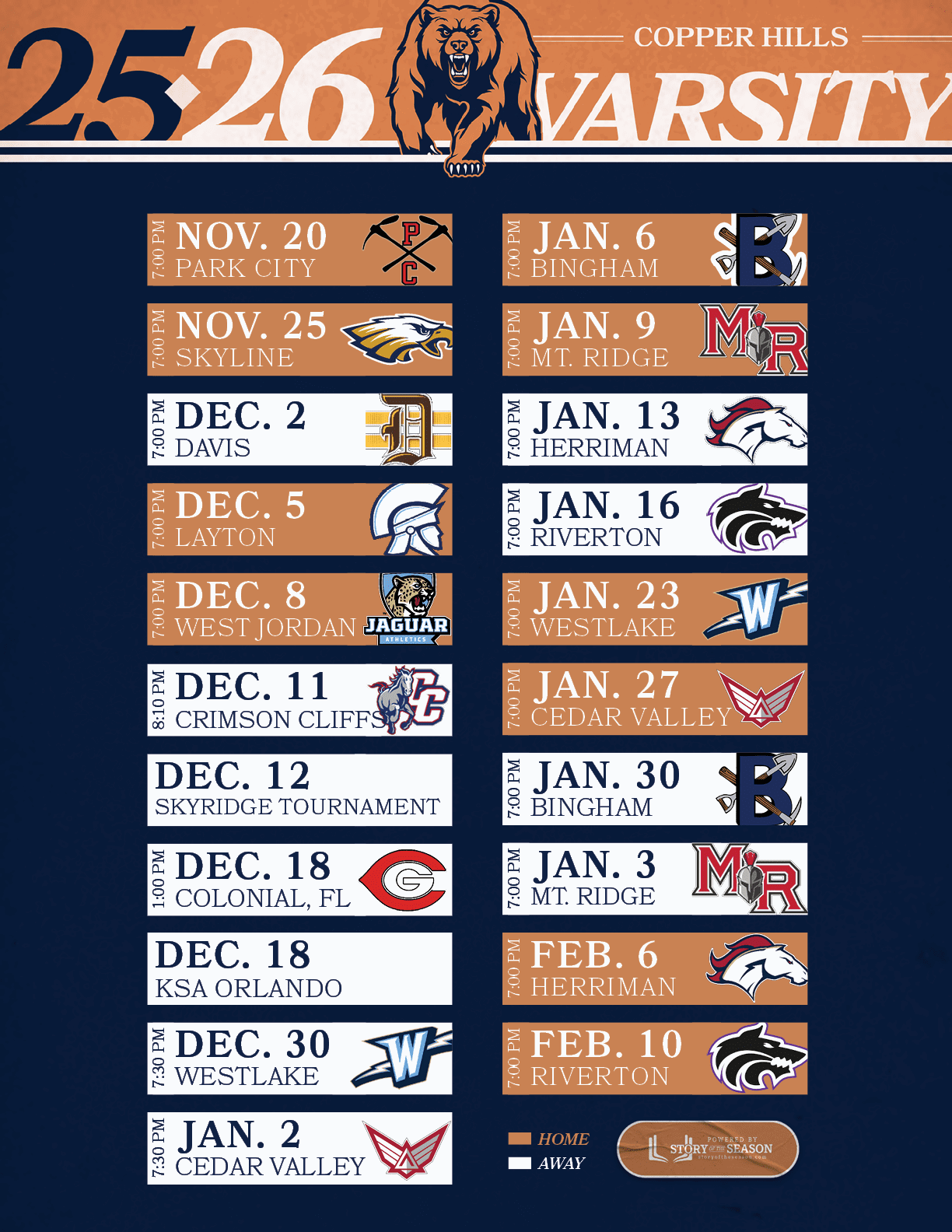 Colonial, FL,DEC. 18,1:00 PM,Crimson Cliffs ,DEC. 11,8:10 PM,SKYRIDGE TOURNAMENT,DEC. 12,West Jordan,DEC. 8,7:00 PM,B...