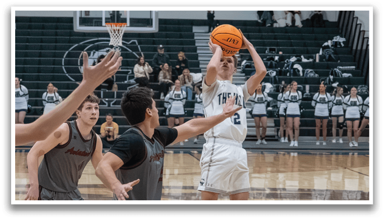 A basketball player is jumping in the air to shoot the ball. AI generated content