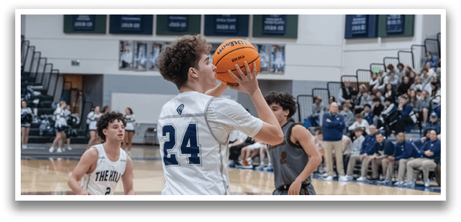 A basketball player jumps in the air to catch the ball. AI generated content