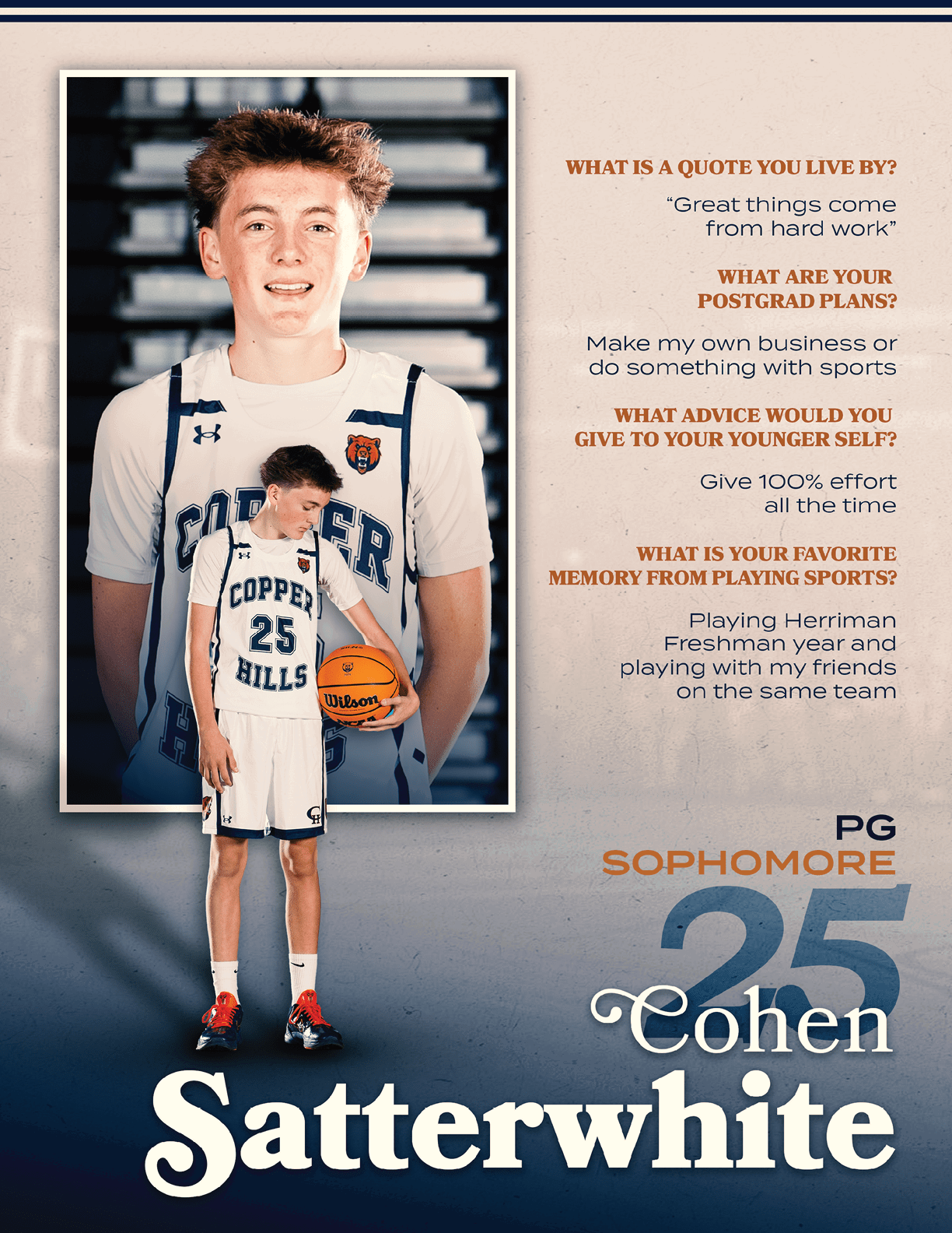 A young man poses with a basketball in front of a sign that says “Coen Satterwhite 25". AI generated content