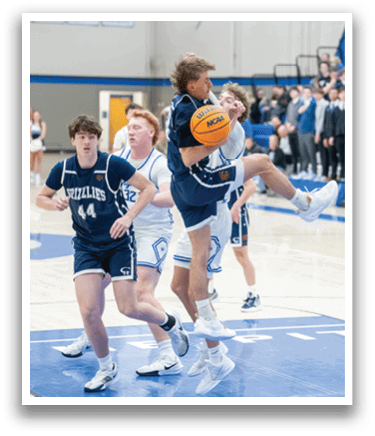 A basketball player leaps into the air to grab the ball while other players look on. AI generated content