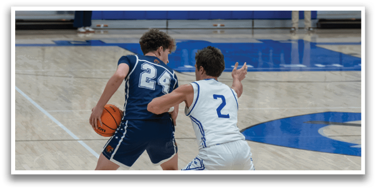Two basketball players are playing on the court, one with the number 24 on his shirt and the other with the number 2. AI generated content