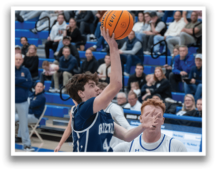 Two men playing basketball, one holding a basketball in the air. AI generated content