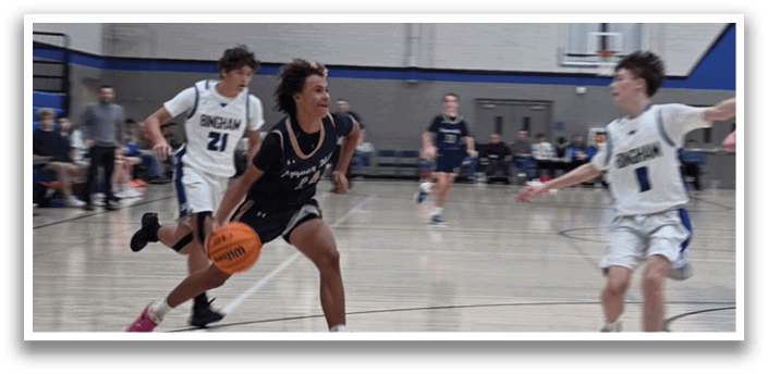 A group of young men playing basketball on a court. AI generated content