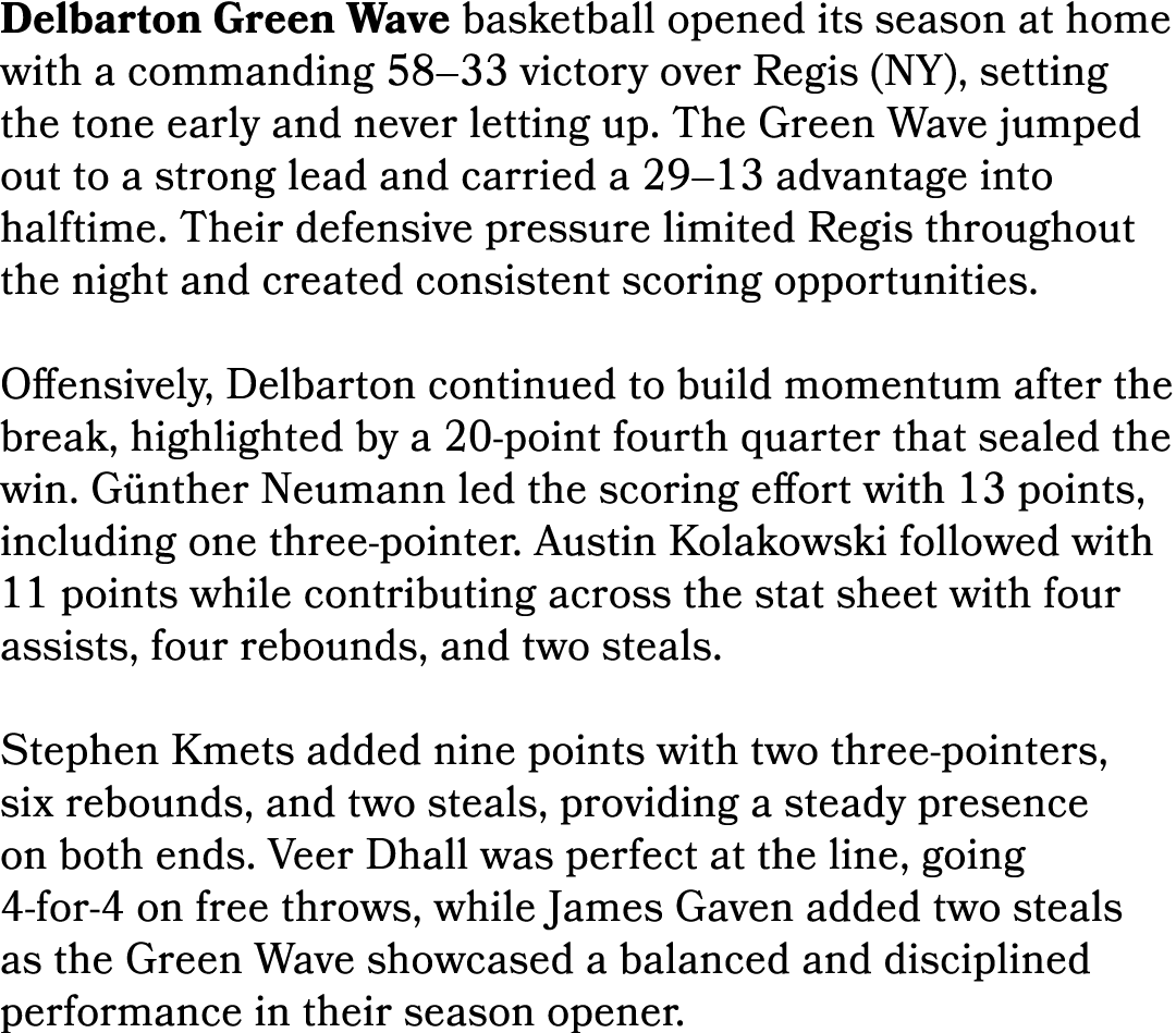 Delbarton Green Wave basketball opened its season at home with a commanding 58–33 victory over Regis (NY), setting th...