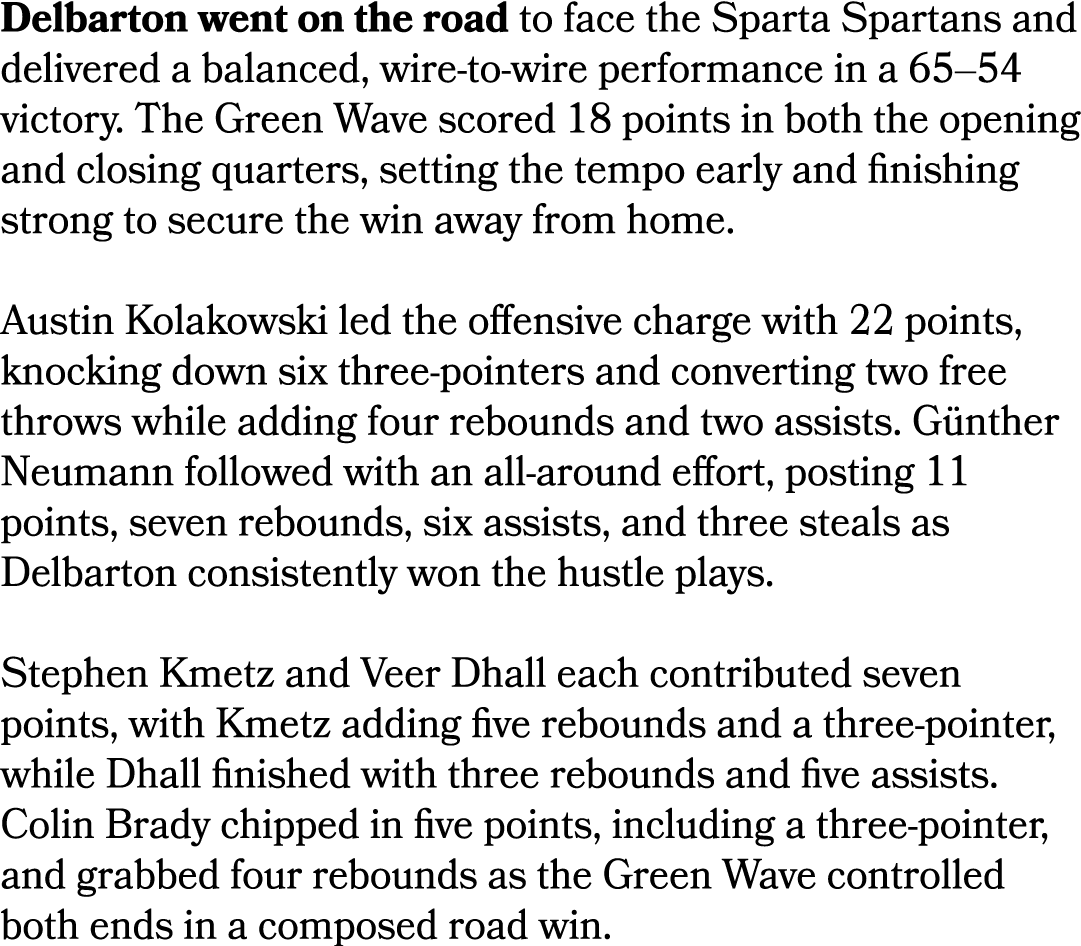 Delbarton went on the road to face the Sparta Spartans and delivered a balanced, wire to wire performance in a 65–54 ...