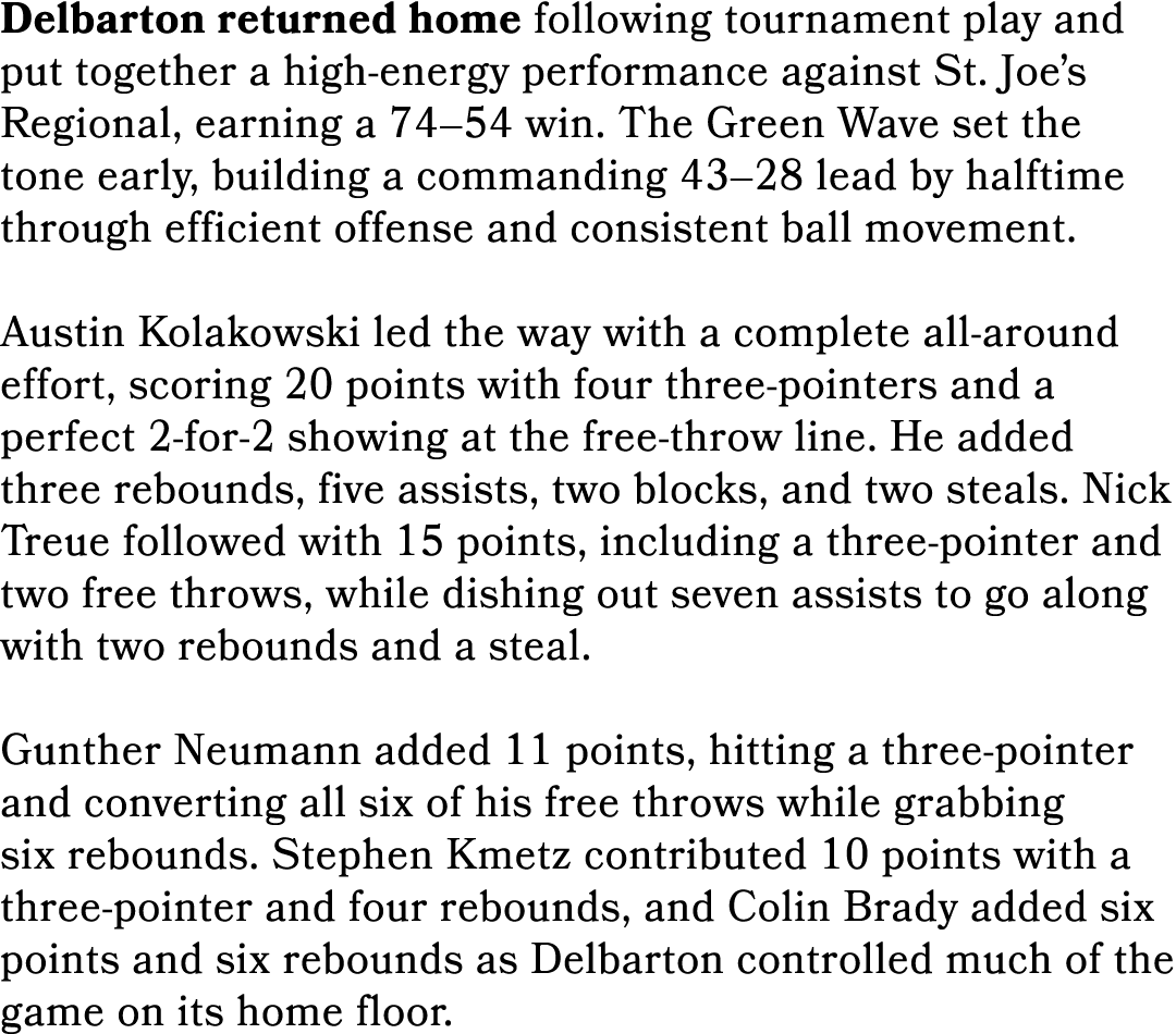 Delbarton returned home following tournament play and put together a high energy performance against St. Joe’s Region...