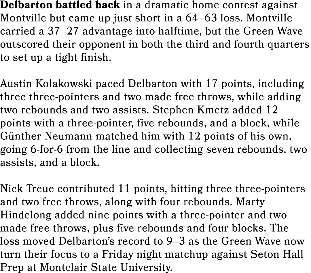 Delbarton battled back in a dramatic home contest against Montville but came up just short in a 64–63 loss. Montville...