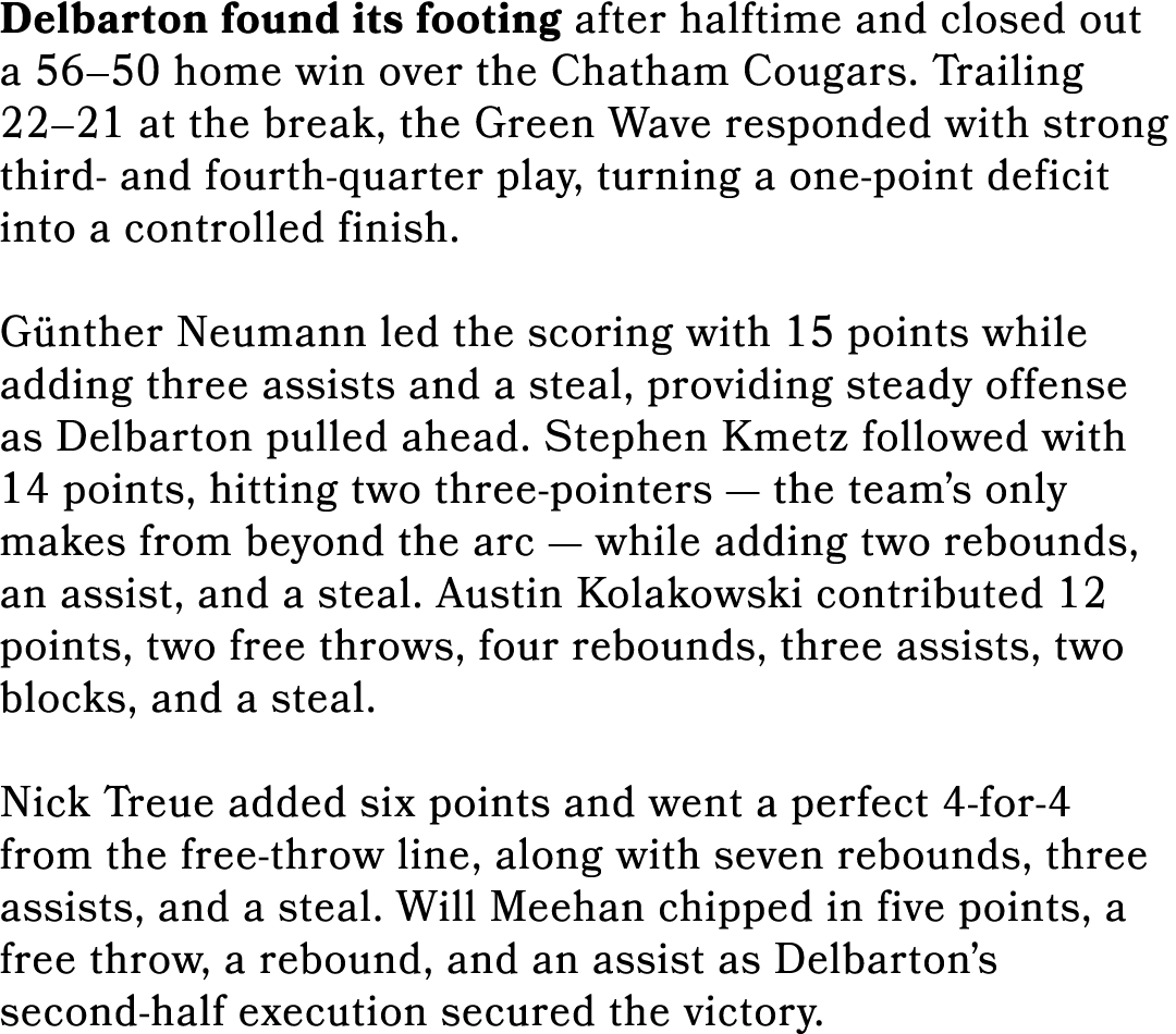 Delbarton found its footing after halftime and closed out a 56–50 home win over the Chatham Cougars. Trailing 22–21 a...