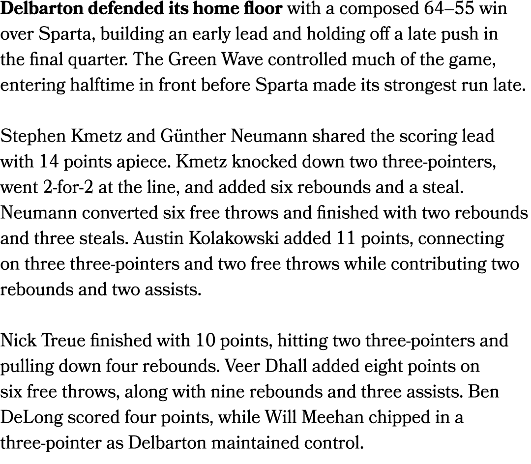 Delbarton defended its home floor with a composed 64–55 win over Sparta, building an early lead and holding off a lat...