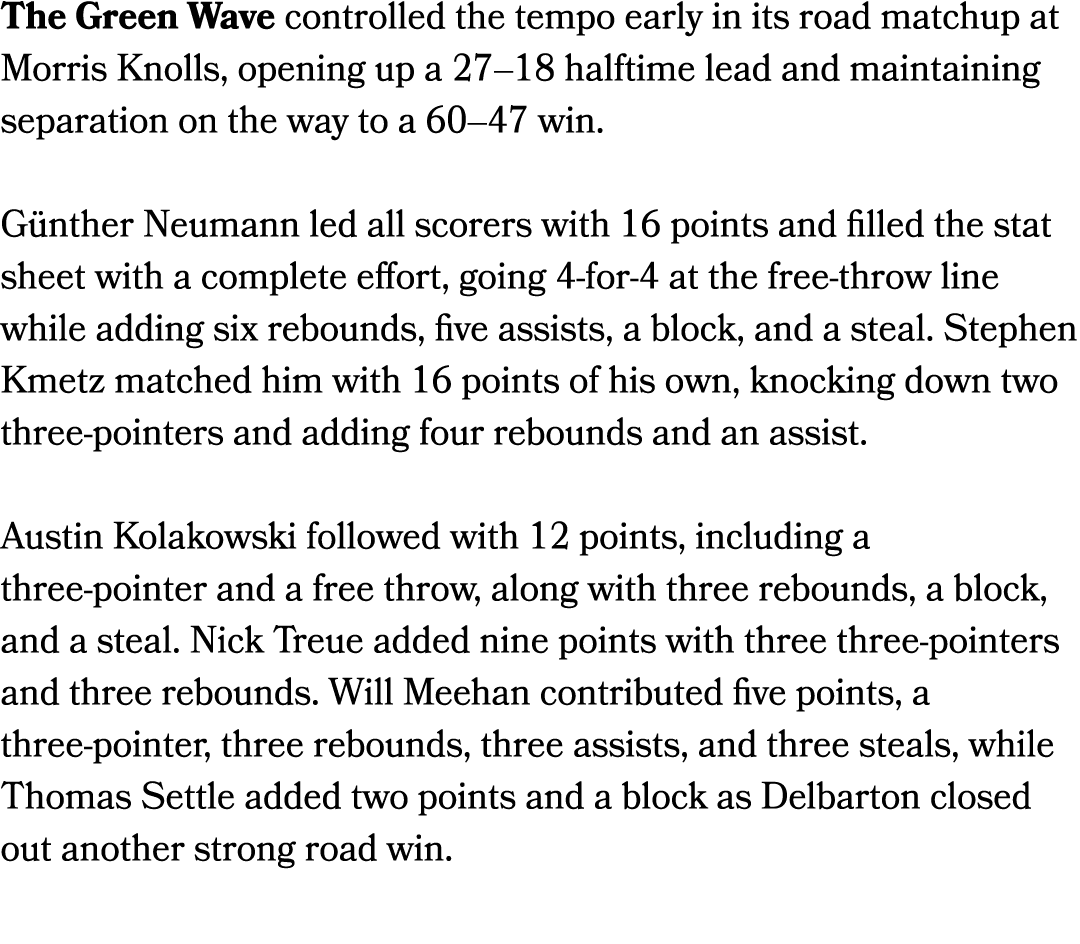 The Green Wave controlled the tempo early in its road matchup at Morris Knolls, opening up a 27–18 halftime lead and ...