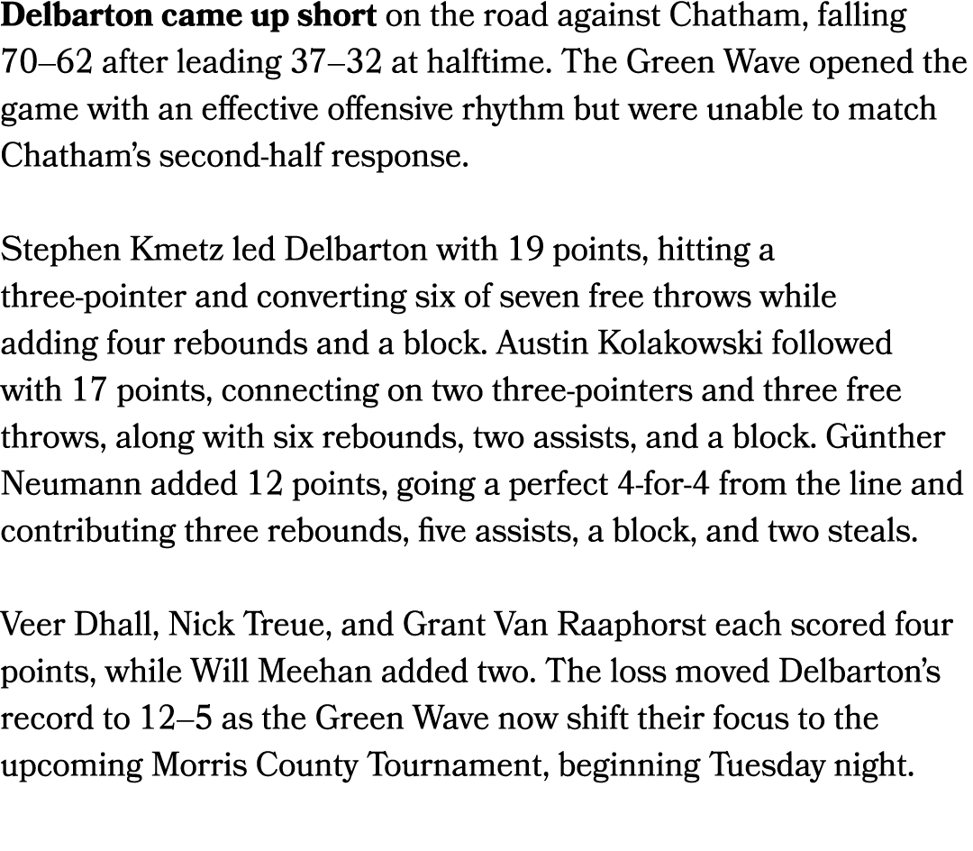 Delbarton came up short on the road against Chatham, falling 70–62 after leading 37–32 at halftime. The Green Wave op...