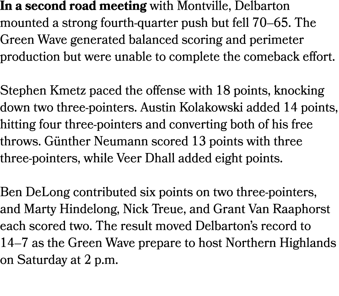 In a second road meeting with Montville, Delbarton mounted a strong fourth quarter push but fell 70–65. The Green Wav...