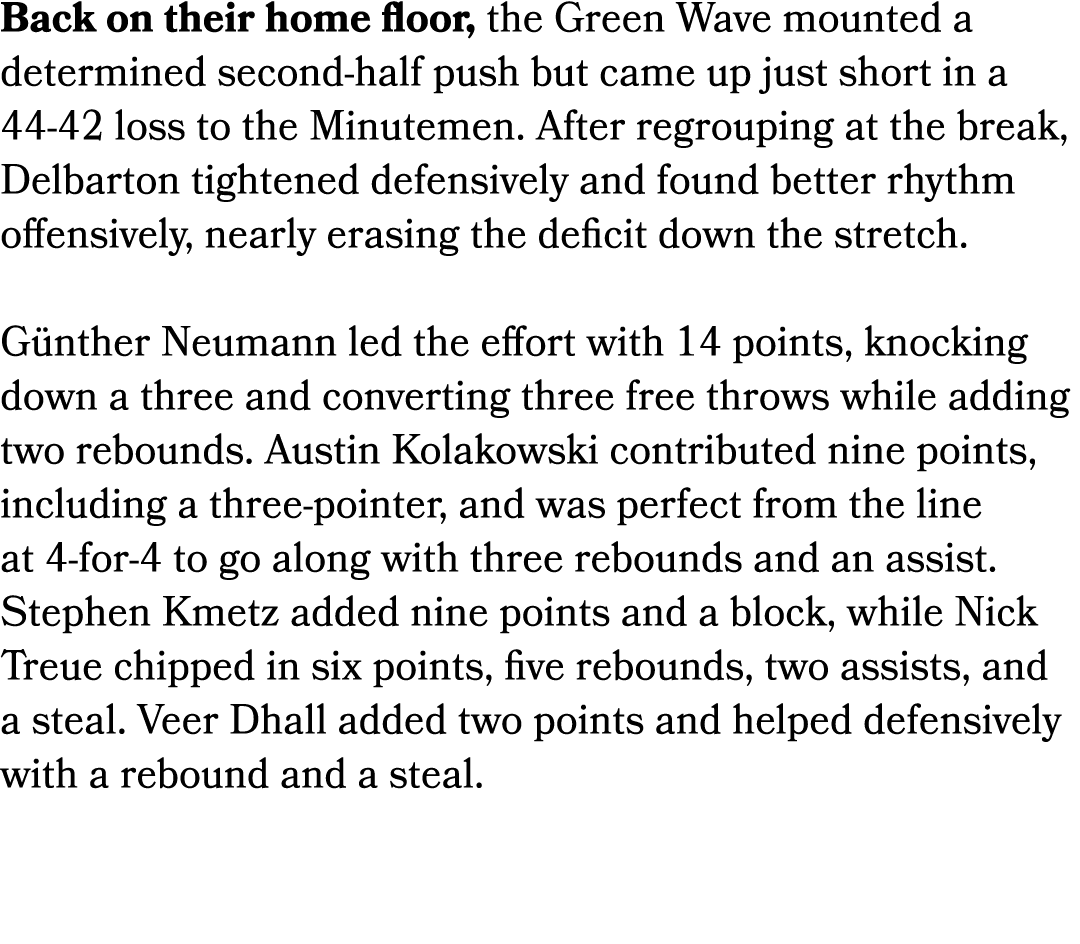 Back on their home floor, the Green Wave mounted a determined second half push but came up just short in a 44 42 loss...