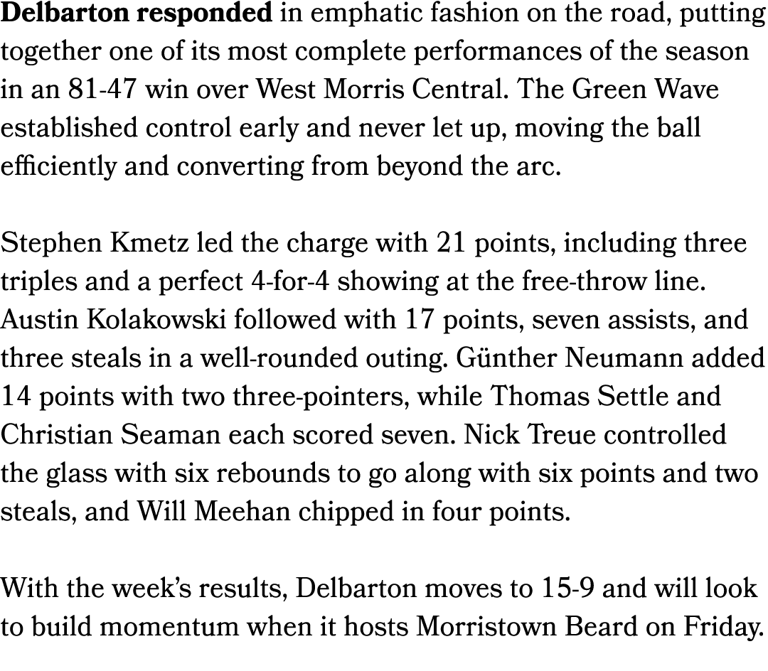 Delbarton responded in emphatic fashion on the road, putting together one of its most complete performances of the se...