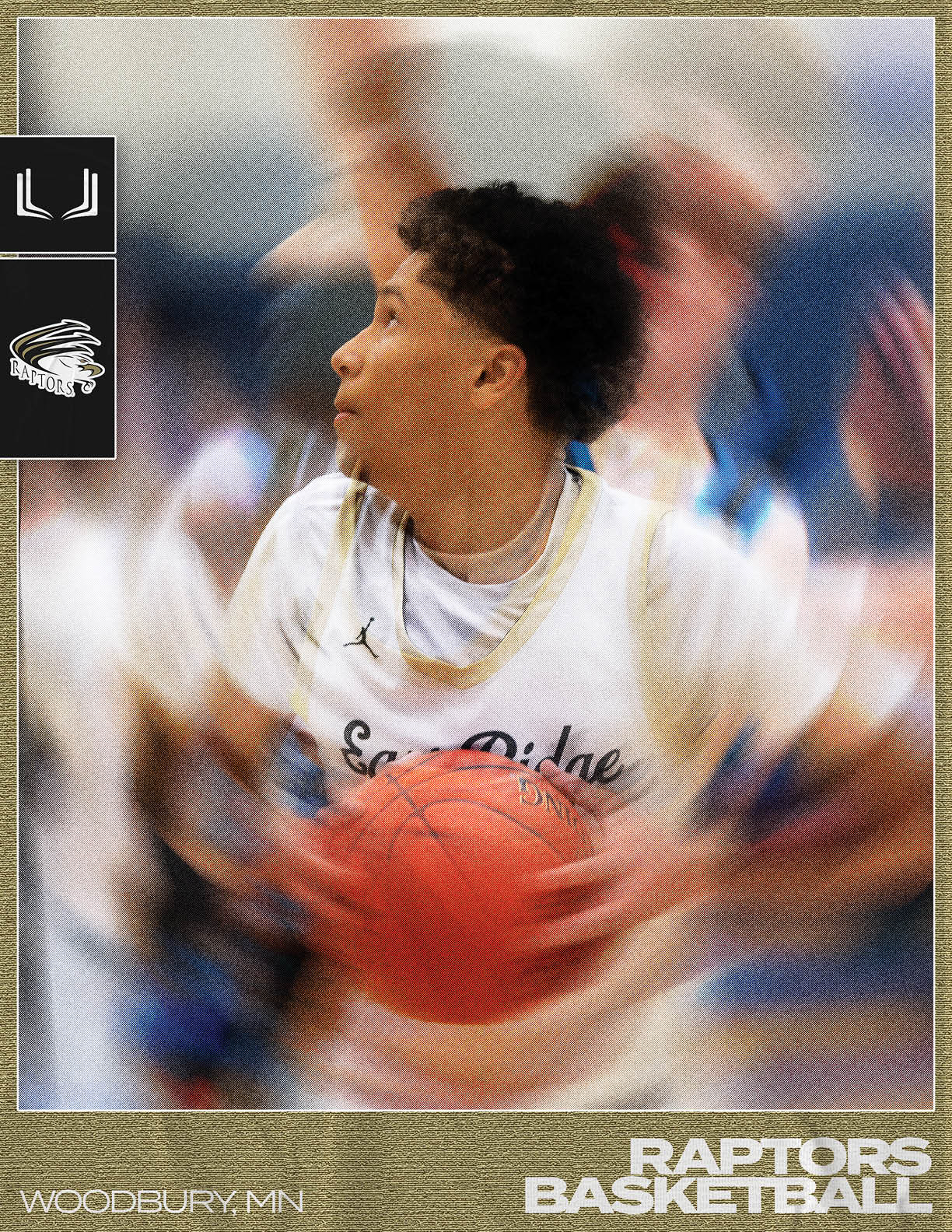 A basketball player wearing a white and black jersey is holding a red basketball. AI generated content