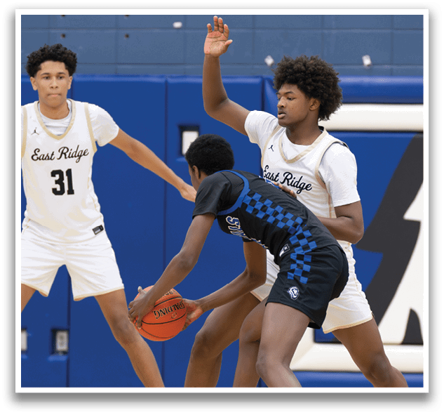 Three basketball players on a court, one holding a basketball. AI generated content