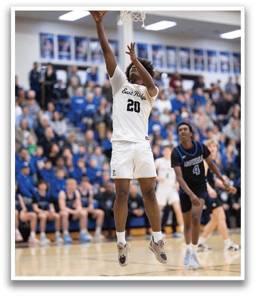 A basketball player jumps in the air to shoot the ball. AI generated content