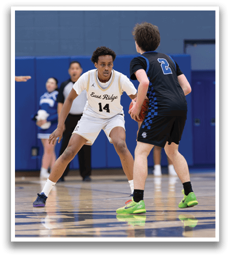 Two basketball players on a court, one wearing a white uniform and the other wearing a black uniform. AI generated content